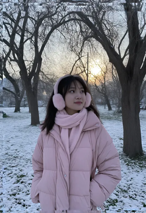 A young Asian woman in full makeup and makeup, in a soft pink puffer jacket and pink earmuffs stands thoughtfully, wrapped in a cozy scarf. View of contemplation in a snowy park at dusk. The ground was covered in snow, and the leafless trees created a sere...