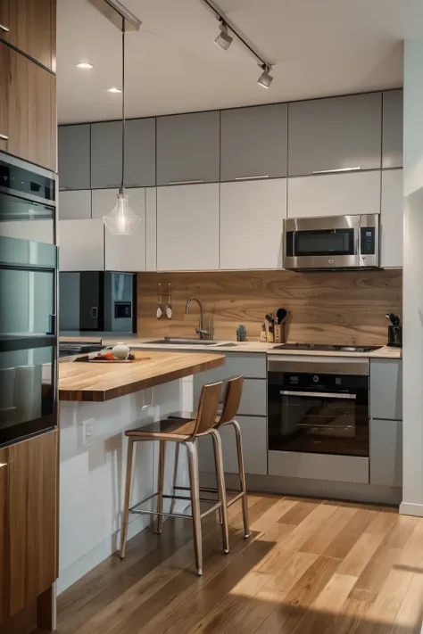 A modern kitchen with a minimalist design featuring a U-shaped layout. The kitchen includes maroon upper cabinets and light gray lower cabinets, complemented by a wooden countertop and backsplash. Integrated appliances like a microwave and oven are built i...