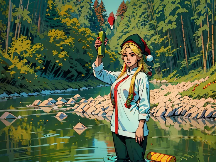 there is a woman holding a pickle and a banana in her hand, peacefully drinking river water, traditional art, inspired by Du Qiong, fanart, inspired by Guan Daosheng, still from a music video, in harmony with nature, music video, xintong chen, inspired by ...