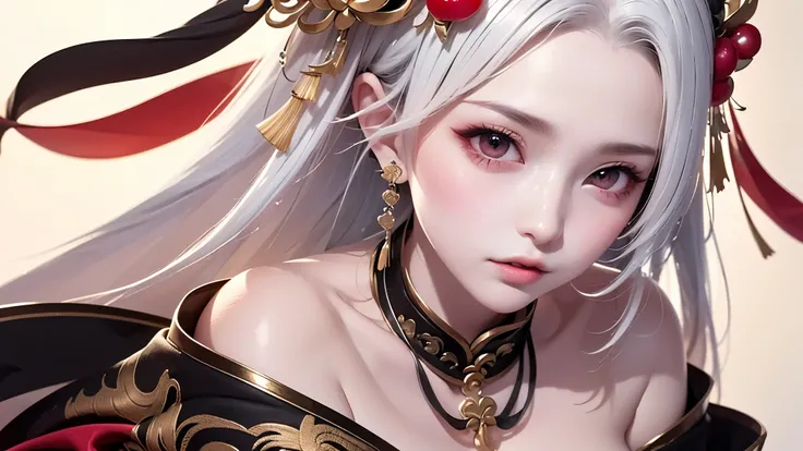 super high quality, masterpiece, Perfect illustration, Very detailed:1.6, 1girl, 23 years old, cute girl, white hair, sharp and big beautiful eyes, large breasts, bright skin, Tattoo under the eyes. fantasy royalty, onmyoji, majesty, asian dress. black and...
