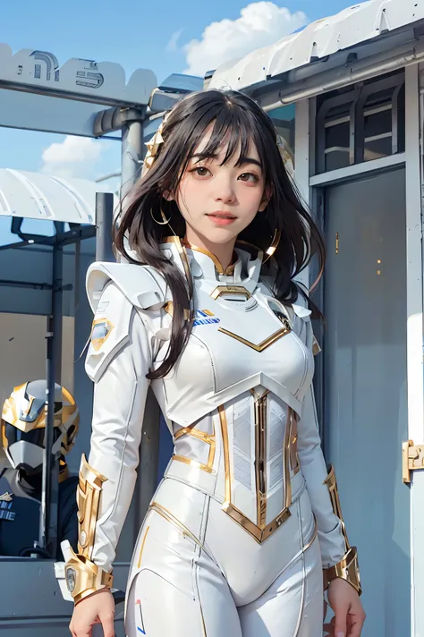 ((masterpiece, best quality, extremely detailed), volumetric lighting, ambient occlusion, colorful, glowing), 
1girl, solo, young girl, (dark hair), long hair, halo, aura, sacred, goddess, cleric suit, (white outfit with gold detailst:1.3), armor,
outdoors...