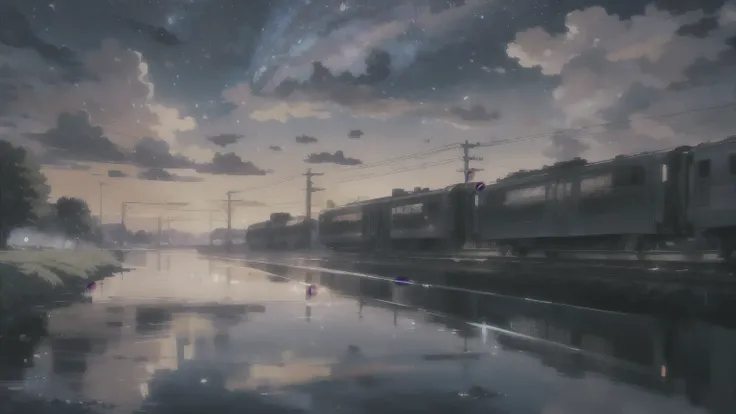  high quality masterpiece , landscape, Anime train passing through bodies of water on the tracks,  bright starry sky . Romantic Break Train, pixiv, arte conceptual, Arte Lofi style, reflection.  by Makoto Shinkai , Arte Lofi, Beautiful anime scene, BREAK A...