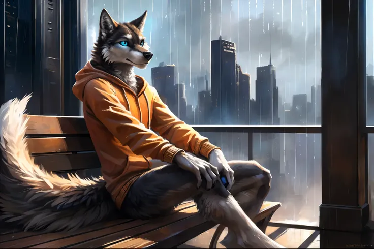 ((Solo)), male people, anthro wolf, (Multi-colored fur, White-brown:1.3，White tail pointed), (Height 2.1m,Tail length 1.2m), ((Wolf face, Big eyes, White eyelids, Blue pupil, Slim:1.2) (Tough, Calm expression:1.2)), Abs, Slim, pinging)), (Correct anatomy),...