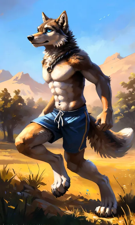 ((Solo)), male people, anthro wolf, (Multi-colored fur, White-brown:1.3，White tail pointed), (Height 2.1m,Tail length 1.2m), ((Wolf face, Big eyes, White eyelids, Blue pupil, Slim:1.2) (Tough, Calm expression:1.2)), Abs, Slim, pinging)), (Correct anatomy),...