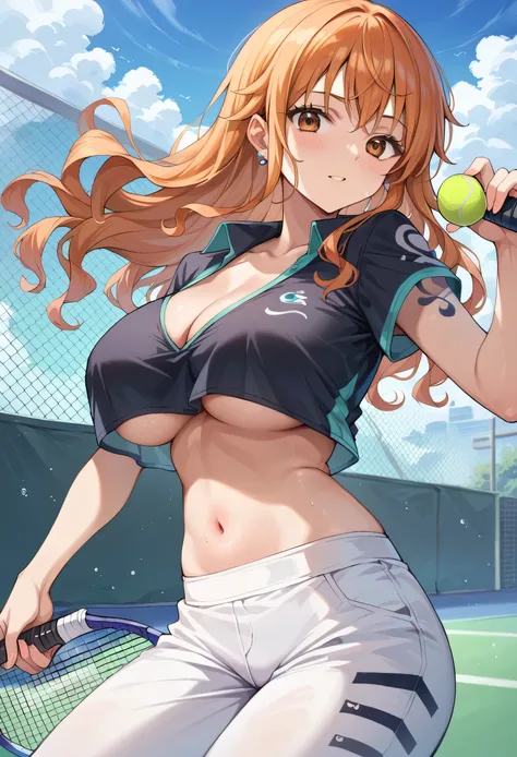 
score_9, score_8_up, score_7_up, score_6_up, score_5_up, score_4_up, BREAK source_anime, city, outdoor, nami_post, orange hair, long hair, wavy hair, side locks, brown eyes, large breasts, cleavage, tennis outfit, (big :1.3), short pants, black shirt, und...