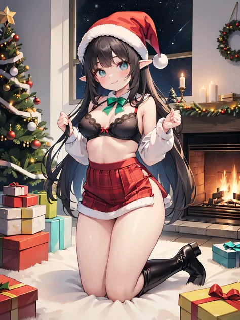 detailed image, realistic image, 1 elf, has very long black hair, wavy, turquoise eyes, smiling. She has a curvy body, medium breasts, slim waist, wide hips, thick thighs. She is dressed in a red Christmas bra, Christmas hat, pleated mini skirt with Christ...