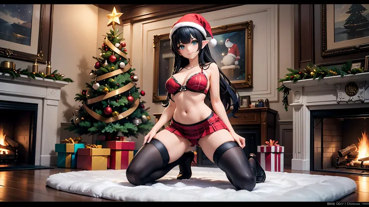 detailed image, realistic image, 1 elf, has very long black hair, wavy, turquoise eyes, smiling. She has a curvy body, medium breasts, slim waist, wide hips, thick thighs. She is dressed in a red Christmas bra, Christmas hat, pleated mini skirt with Christ...