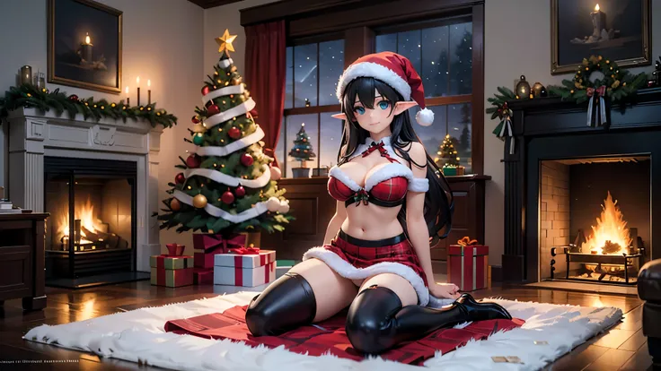 detailed image, realistic image, 1 elf, has very long black hair, wavy, turquoise eyes, smiling. She has a curvy body, medium breasts, slim waist, wide hips, thick thighs. She is dressed in a red Christmas bra, Christmas hat, pleated mini skirt with Christ...