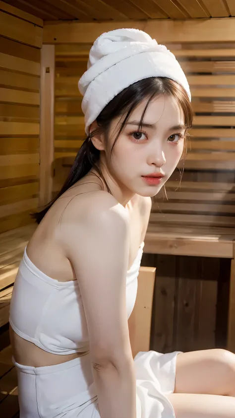 1Girl, Solo, (Masterpiece, Best Quality, 8K,, Photorealistic, real girl, mulberry:1.37), looking up at viewer, 1 dainty Japan, Slender body, Small breasts, Sitting, sauna, Double eyelids, Droopy Eyes, A dark-haired, (Sweaty face, Sweaty body: 1.2): 0.2, (W...