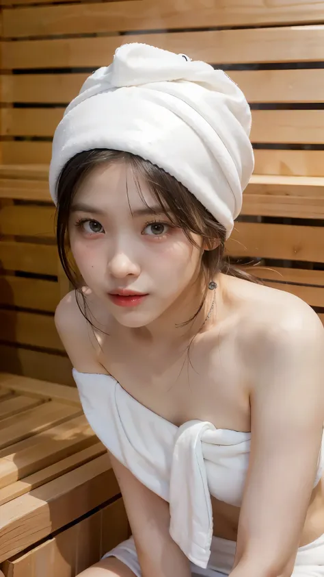 1Girl, Solo, (Masterpiece, Best Quality, 8K,, Photorealistic, real girl, mulberry:1.37), looking up at viewer, 1 dainty Japan, Slender body, Small breasts, Sitting, sauna, Double eyelids, Droopy Eyes, A dark-haired, (Sweaty face, Sweaty body: 1.2): 0.2, (W...