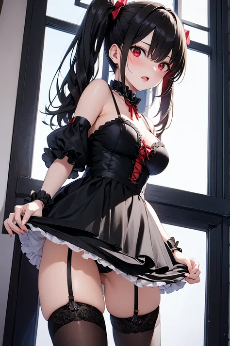  adult woman, Alone,  sexy,8K resolution,(( top quality)), super high resolution, (Glaring Face), (Red eyes),  beautiful symmetrical face , (Black curled twin tails), black gothic dress,gothic mini skirt,Black string panties , Garter Belt , stockings ,Real...