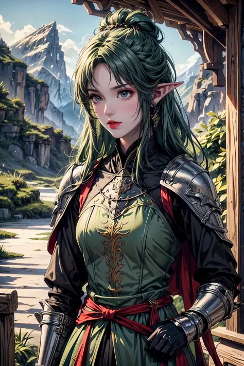 Full body, green hair, full shot, elf girl, mature woman, pointy ears , medieval armor, armored,outside in forest background ,mountains in distance, HD eyes, detailed eyes, colorful eyes, people in background, people,black boots ,red eyes
