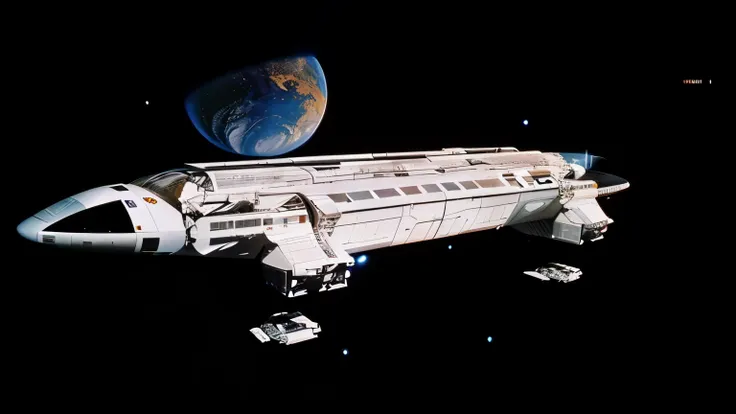  spaceship in the dark with a planet in the background,  big space train ,  in the 2001 movie a space odyssey , on the Contramestre , Contramestre , John Berkey, Plastic panels, white, Space Odyssey 2 0 0 1 ( film ),  deep space superstructure ,  1 9 7.0s ...