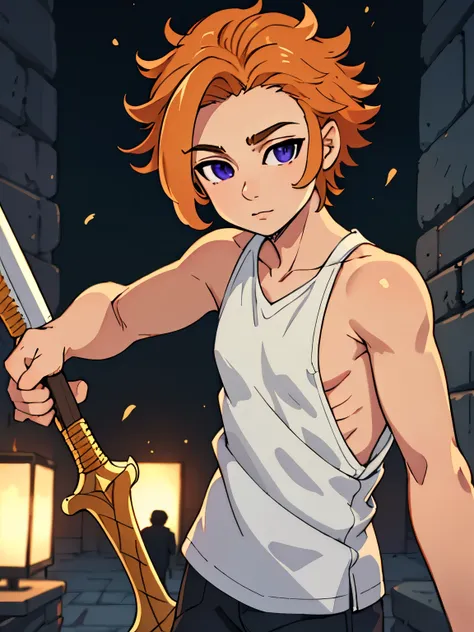 masterpiece, best quality, high quality, 1boy, solo, male focus, looking at viewer, Look like young boy, depth of field, arthur_pendragon,  bare shoulder, weapon, Sleeveless shirt