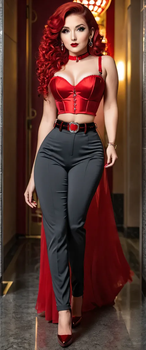 A beautiful woman big breasted Bella sexy sexy sexy red hair wavy shiny curly long straight her eye light red long eyelash dresses red corset top shows navel and dark gray pants black belt black heel gold ear earring