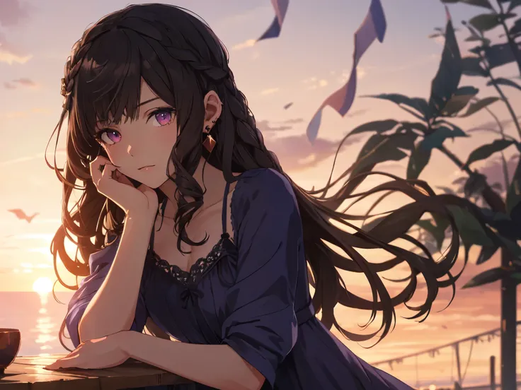 Solo, 1 Girl, (Human Ear), (Earring), (Long Hair), (Hair Accessory), (Woman Sitting with Hands on Chest), (Blue Nightgown Dress Hiding Skin), (Sunset Sky, Sunset, Evening Sky), (Focus on Chest), (High Resolution, Masterpiece, Accurate, Anatomically Correct...
