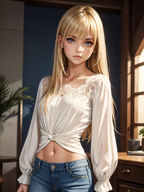 (best quality), 1girl, female, porcelain skin, blonde hair, straight hair, bangs, medium hair, swoopy tips, brown eyes, perfect eyes, tight dark blue long sleeved v-top with a lace neckline, low-cut jeans, elena gilbert aesthetic, skinny body, petite, smal...