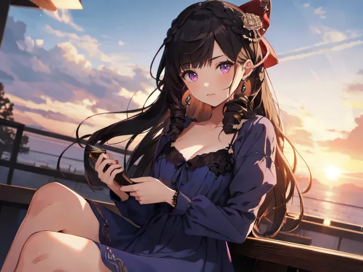 Solo, 1 Girl, (Human Ear), (Earring), (Long Hair), (Hair Accessory), (Woman Sitting with Hands on Chest), (Blue Nightgown Dress Hiding Skin), (Sunset Sky, Sunset, Evening Sky), (Focus on Chest), (High Resolution, Masterpiece, Accurate, Anatomically Correct...