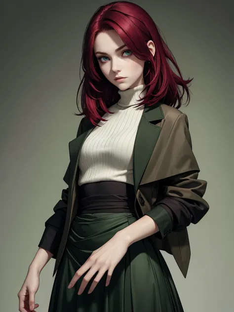 (best quality), 1girl, Female, pale skin, (burgundy red hair), swoopy hair, hair over shoulder, hair over one eye, green eyes, perfect eyes, black turtleneck, grey long jacket, dark green maxi skirt, crow feather accessoires, small bust, stoic, masterpiece...