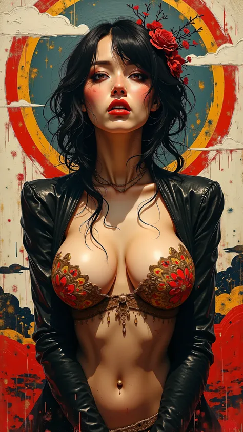 Expressionist artwork images, japanese woman, big breasts, cleavage, 