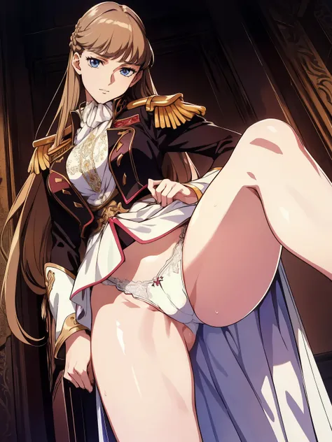 NSFW,1girl,standing ,RelenaPeacecraft, large_breasts, hair on her eyes , long brown hair , throw, hair stuck to my eyes, dazzling  ,realistic white lace panties , dark eyes,from below,RelenaMilitaryUniform ,in the throne room,looking at viewers,cowboy shot...