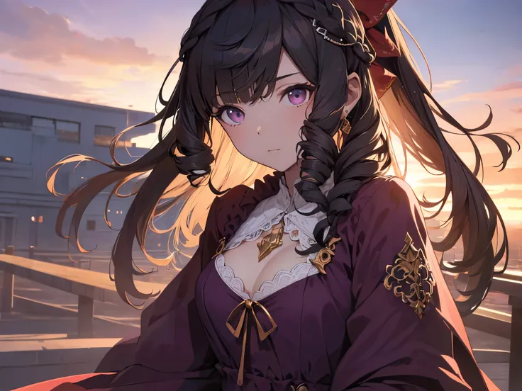 Solo, 1 Girl, (Human Ear), (Earring), (Long Hair), (Hair Accessory), (Woman Sitting with Hands on Chest), (暗い色のNightgown Dress Hiding Skin), (Sunset Sky, Sunset, Evening Sky), (傾いたアングル、Focus on Chest), (High Resolution, Masterpiece, Accurate, Anatomically ...