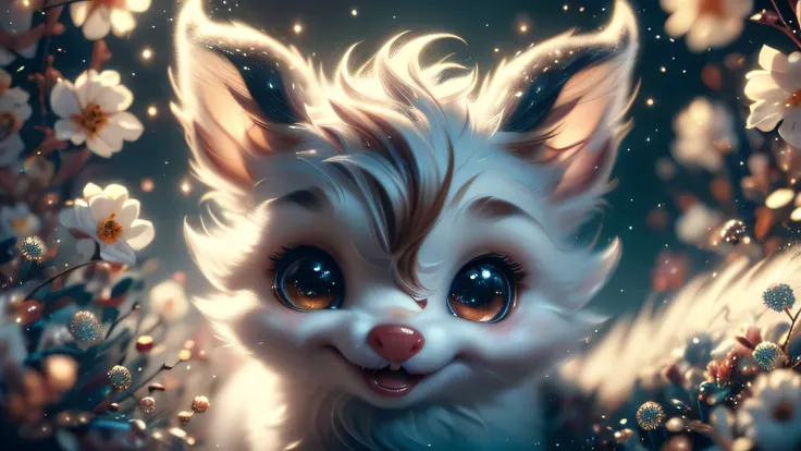 Magical Fantasy Creature, (Best Quality, Masterpiece, Representative Work, Official Art, Professional, Super Detailed, 8k:1.3), (Photorealism:1.2) Super Cute, Big Eyes, Soft, Soft Nose, Fluffy, Double-Toothed Smile, Aurorastyle, Highly detailed Dynamic sho...