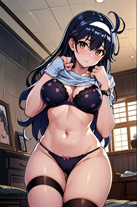  top quality,   Masterpiece ,  high definition , Alone,  1 girl, {Ushio_  fleet collection in h:1.15}, 長hair, 黒hair,  , 白 headband,  headband, hair_between_eye, 茶色eye, Big Breasts, chest, 大きいchest,  (Petite), Living Room Background,  office background,  le...