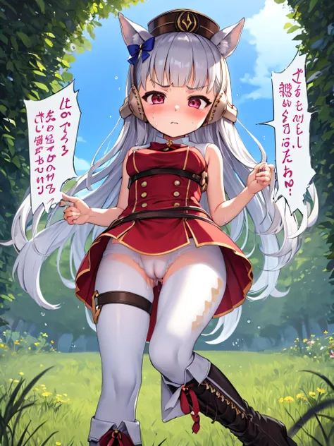 blue sky、grassland、nature、 ( top quality:1.2), Alone,  1 girl, umpd gold ship,[Hat type, V-shaped eyebrows,  Red Dress , bow,  sleeveless,  white pantyhose ,  boots,  、 Kindergarten Mother、、、 s、 sの小さな体、Big Breasts、blush、 embarrassed expression、Love juice、 ...