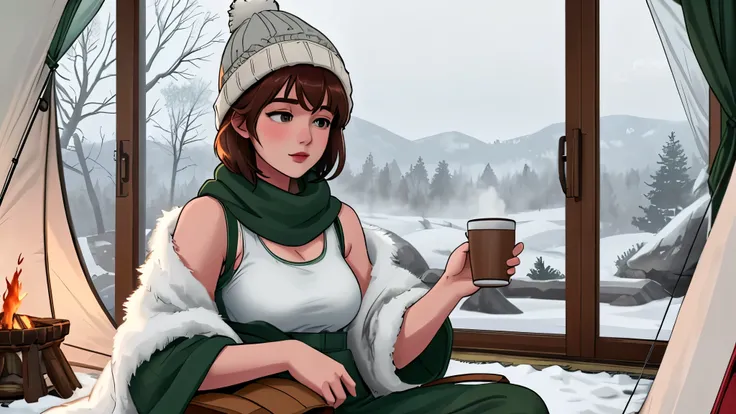 "A serene winter camping scene with A Young girl short auburn hair with big breasts wearing a lush green tank top sitting inside a tent, comfortably seated on a camping mat. She is enjoying a steaming cup of tea while looking out at a glowing campfire and ...