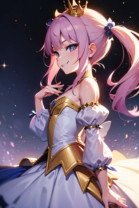  A short and petite women with twin tails light Violet coloured hair and blue eyes, wearing a mediaeval princess dress, shes smirking, with this small gold crown, From Side, 