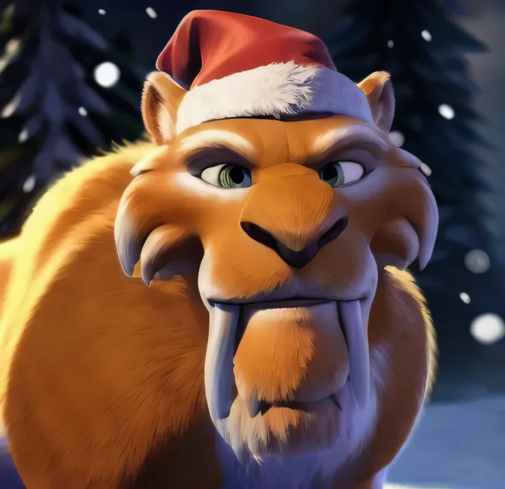 Diego, Saber tooth,  looking at the spectator , anthropo, male,  detailed skin,  volumetric lighting ,  Photorealistic image, wild, full body image, paws, finger claws, cuatro paws, Hes wearing a Santa Claus hat and its snowing 