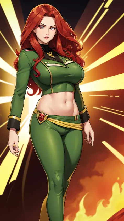 A Russian woman tender big breasted kind wavy hair longer bright red her eyes brown rectangle pupils big lips Rosa is light green military suit brushes yellow line shows navel and her light green pants wearing a yellow belt