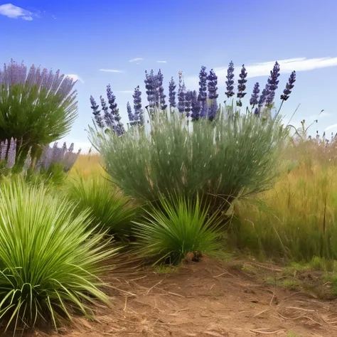 there is a small bush of lavender growing in the garden, strange vegetation, lavender plants, vicious snapping alligator plant, sage, spike - like branches, alexandros pyromallis, overgrowth of grass, “ iron bark, entangled foliage, intricate foreground, w...