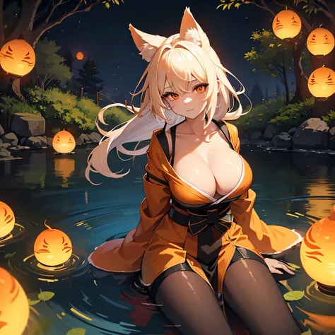 A busty woman with kitsune markings sits alone in a pond lit only by fireflies in the night sky, the kitsune is wearing an orange kimono and has white hair, their breasts are large. 