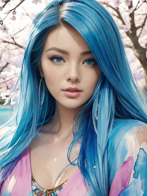 (best quality),(masterpiece:1.2), (colorful:0.9), (ink splashing),(color splashing),((watercolor)), clear sharp focus, model shot,, (portrait goddess of spring:1.5), cute expression,elegant blue colored hair, beautyfull detailed face and eyes, elegant godd...