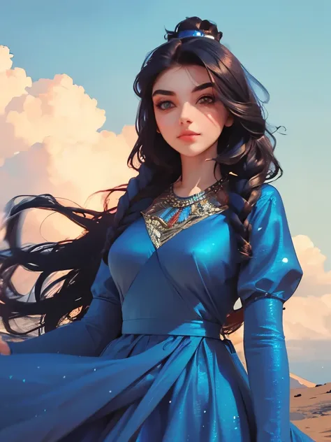  a woman in a blue dress, maya ali as d&d sorcerer, maya ali as a d&d sorcerer, maya ali as a wind sorcerer, maya ali as a sorcerer, beautiful iranian woman, persian princess, maya ali as a wind sorceress