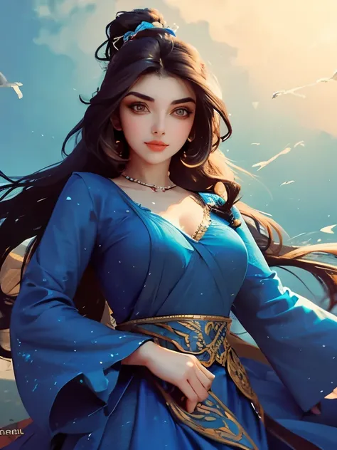  a woman in a blue dress, maya ali as d&d sorcerer, maya ali as a d&d sorcerer, maya ali as a wind sorcerer, maya ali as a sorcerer, beautiful iranian woman, persian princess, maya ali as a wind sorceress