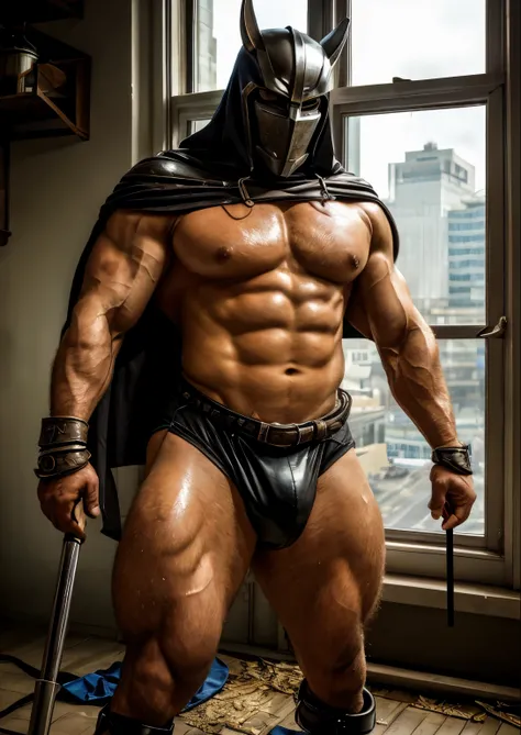  The Black Knight walks through the streets of a modern city, Frightened dark knight，Wandering Rider ，Asian，Look down and look at the camera ，Bend over and ask for help ， Male Focus ， medieval knight helmet ， express their sorrow by sculpting masks，Left Ha...