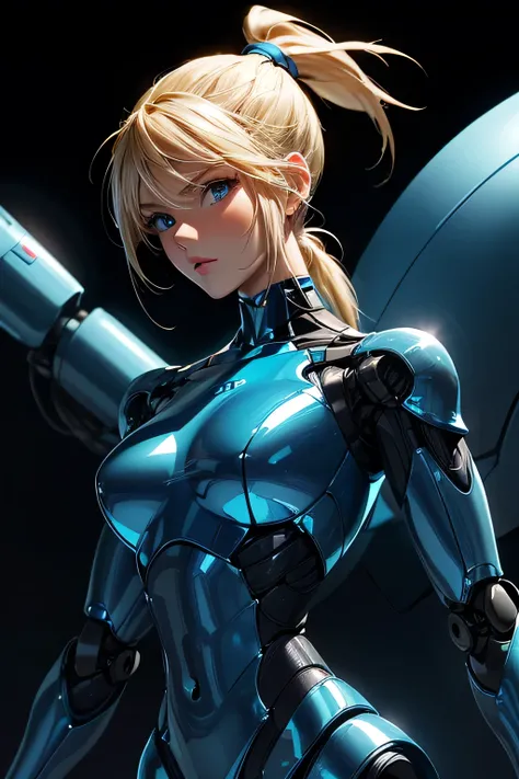  perfect anatomy 　 top quality, highest resolution,((( robot 　 shiny blue plastic body　Shiny Blonde　 ponytail)))　whole body