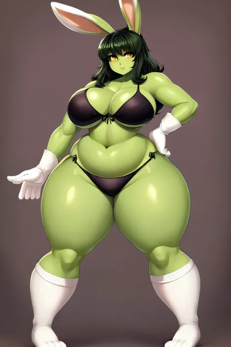 (bunny yellow eyes complete green skin thick body thick thighs fluffy hands on her hips black bikini Dark green hair covering her left eye..pectorals long white socks and feet of a bunny big and really thick fluffy bunny ass post (long white gloves) 