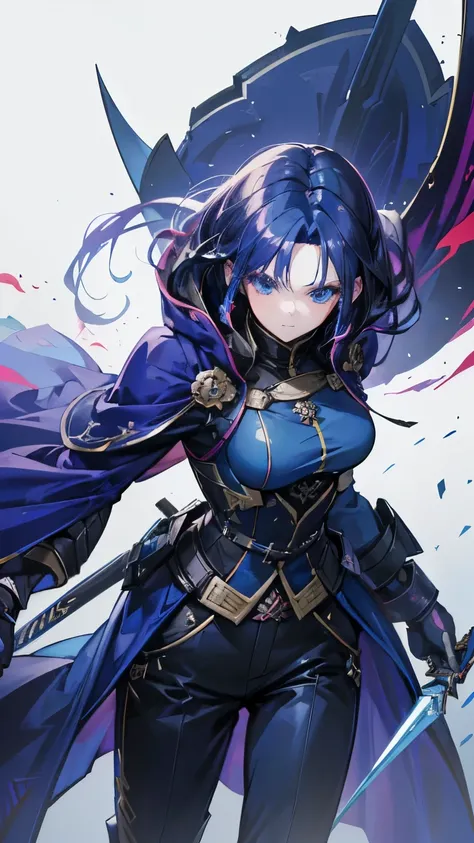 (work of art, Maximum quality, best qualityer, offcial art, beautiful and aesthetic:1.2) Anime Female Assassin, Dark Blue Hair and Purple Hair, Blue Eyes, Wearing Blue Cloak Clothing, Black Pants, Holding Two Daggers