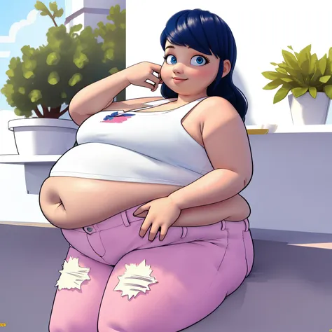 (8k, RAW photo, best quality, masterpiece:1.2), (intricate details), perfect eyes, perfect face, perfect lighting, beautiful, (masterpiece:1.2), (best quality:1.2), 1 fat girl, solo, fat marinette, body plus, obese, blue hair, ((long hair down)), adult tor...