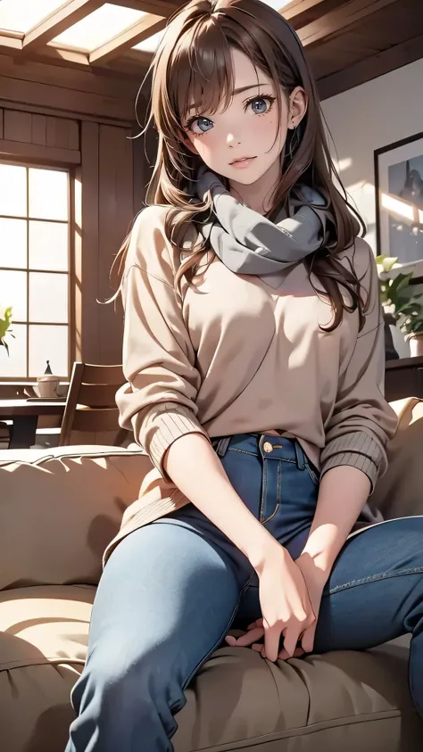 Bell, anime, Brown Hair, Medium chest, Brown eyes, A light smile, jeans, scarf, Grey sweatshirt, Blue pants, Sitting, Sitting cross-legged, Inside the smart home, Sitting on the couch, Asada Shinos face, anime Sword Art Online, highest quality