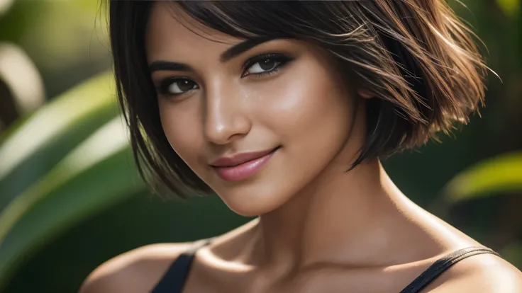 Isabela Merced, portrait photo, close-up of face, bob_cut hair, smiling seductively, (skin texture:1.1), (high detail face:1.1),high detail body, high detail clothes, (masterpiece), (realistic), ultra high definition, 4k, ultra high resolution, film grain,...