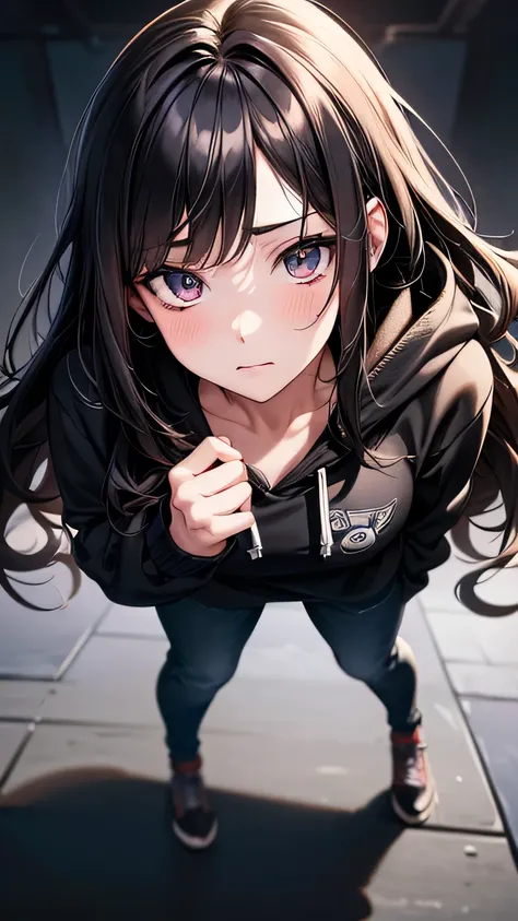 a cool anime teenage girl in black hoodie, cool jeans, fashionable, long wavy hair, beautiful detailed face, adorable girl, full body looks, perfect body ratio, front view, look at the camera, perfect background, (best quality,4k,8k,highres,masterpiece:1.2...