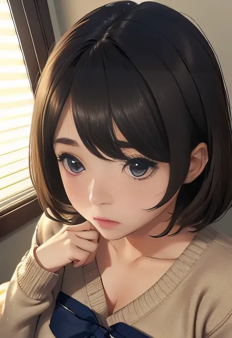 20-year-old woman、(​masterpiece:1.4)、(In 8K、 realistic 、 RAW photos 、top-quality:1.4)、( REAL FACE :1.4)、( lifelike skin:1.3)、 Ultra A High Resolution、 super realistic、Japanese schoolgirl, dark eyes、black hair short hair 、 embarrassing, has red cheeks, BEIG...