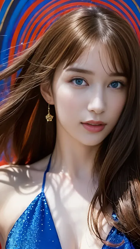  top quality, 4K,  high definition ,   Masterpiece :1.2,  super detailed, ( realistic ,  realistic ,  realistic :1.37),  vibrant,  Red and blue eyes，Strong gaze， seductive eye contact ， fiery red iris，Deep blue shining star，輝く瞳， bright color， Portraits， Fa...