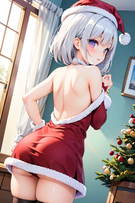   Masterpiece ,  top quality,  absurd,  high definition ,  Ultra Details,  very detailed CG unity 8K wallpaper ,  1 cute cute lovely  girl ,  indoor sunny day .  Christmas decorations . back view .   with a red Santa hat on her head.  sexy Santa costume . ...