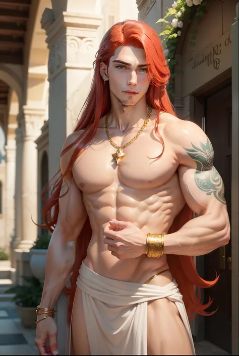 A young man with long red hair freckles green eyes freckles athletic body wearing white Greek dress gold chain heart bracelet tattoo of the goddess Aphrodite on his left shoulder he is inside a large shell comic book Manhwa